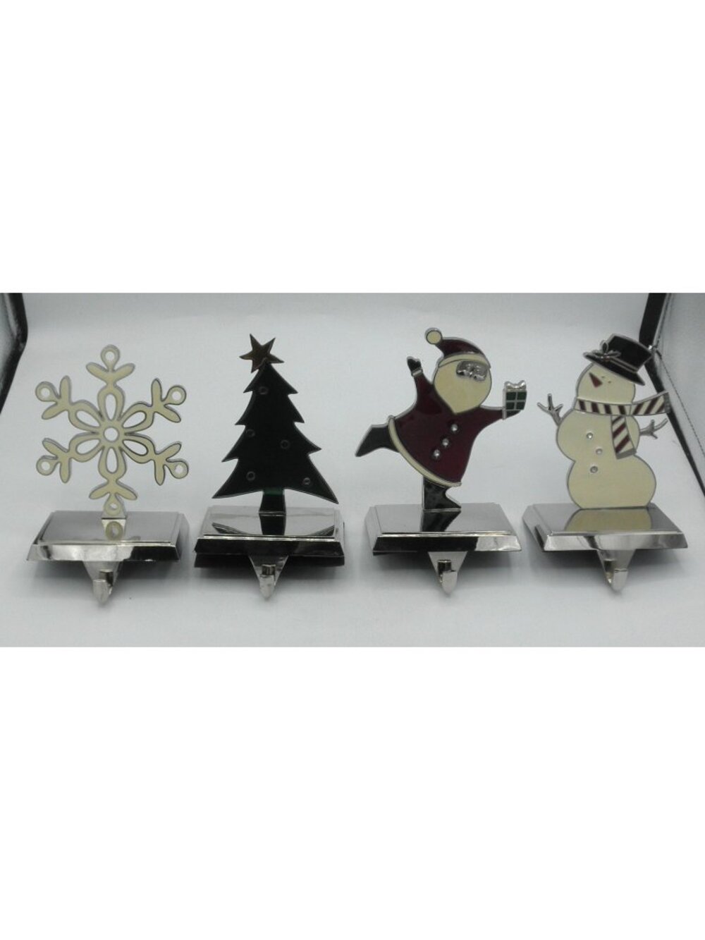 Enameled Christmas Stocking Holder Set Of 4 Santa Snowman Snowflake Xmas Tree